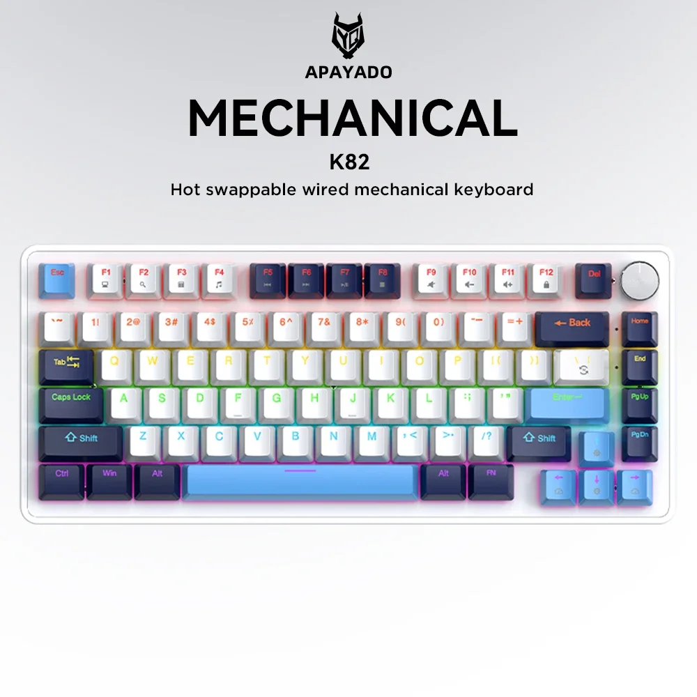 APAYADO K82 82 Keys Multifunctional Knob Mechanical Keyboard,Cool Backlight,Full Key Hot Swappable,Wired Connection,Windows&Mac